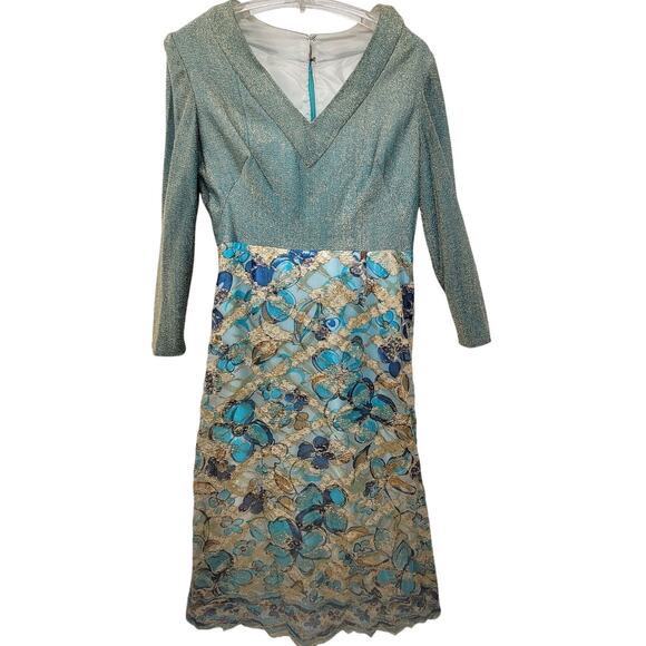 Vintage 60s Lurex Metallic Gold Blue Floral Long Sleeve V-Neck Maxi‎ Dress - Picture 1 of 16